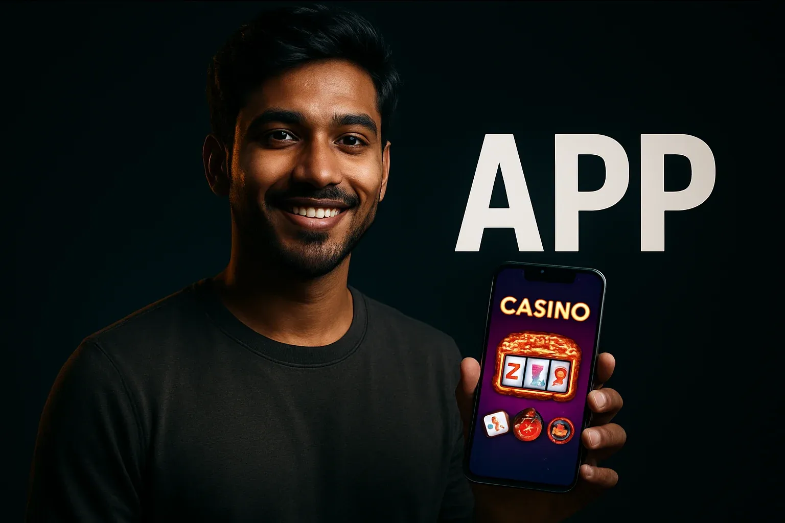 Young Bangladeshi man holding smartphone with colorful casino app interface on bright background