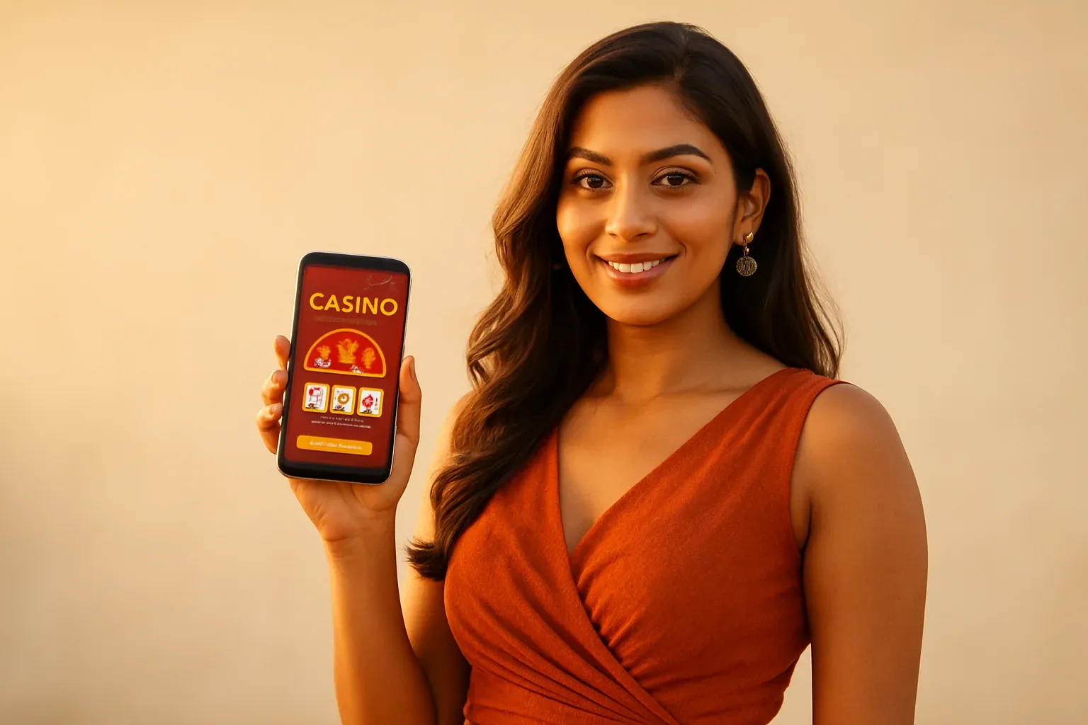 Indian woman in modern dress holding smartphone showing casino app interface on bright background