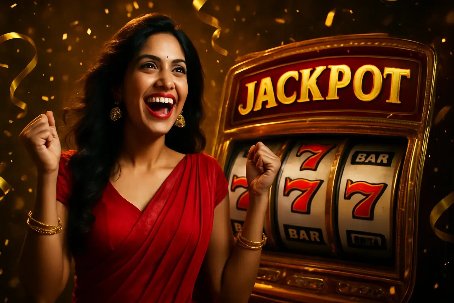 Joyful Indian woman in red dress celebrating with golden ribbons and slot machine jackpot