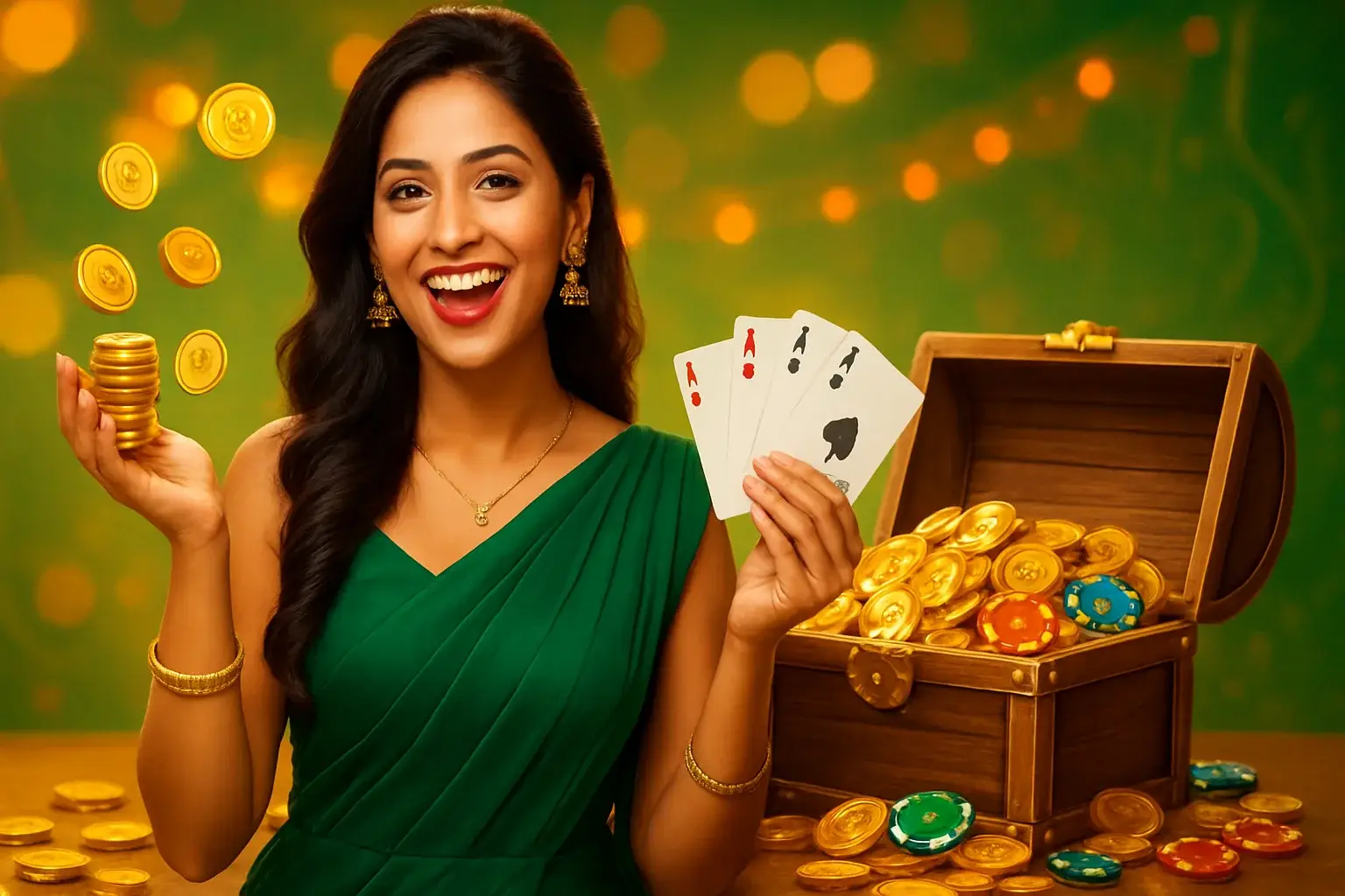 Indian woman in green dress holding gold coins and playing cards with treasure chest filled with coins and chips in festive background