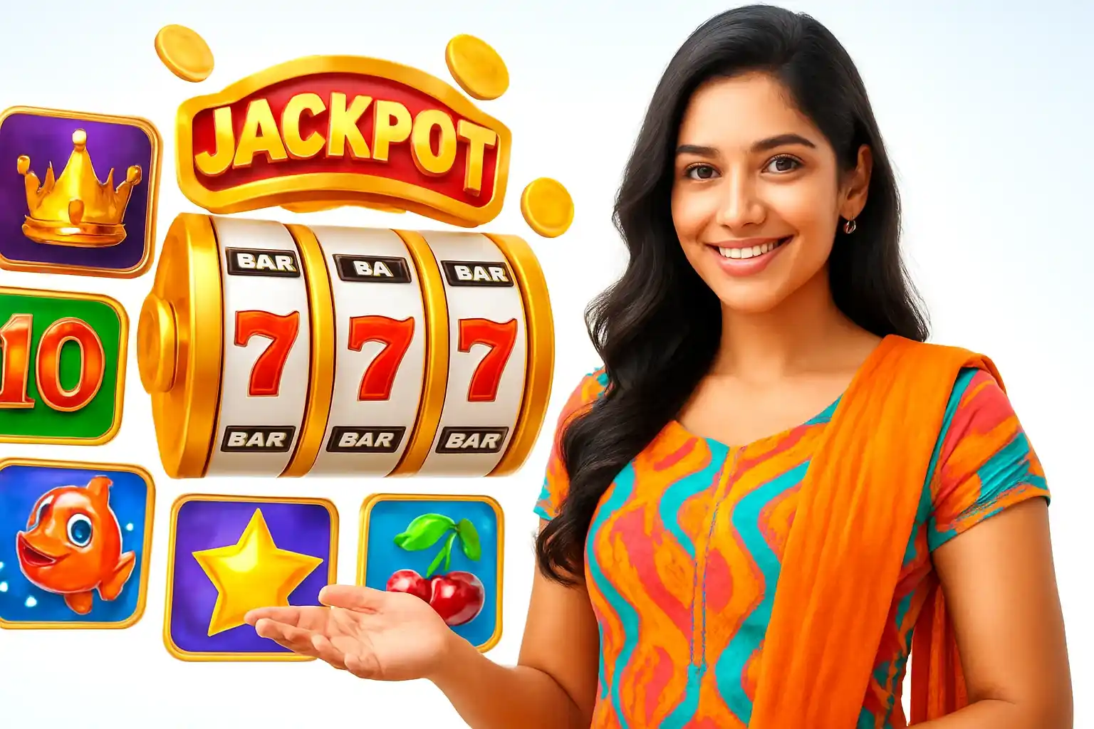 Hyperrealistic banner with Indian woman and colorful slot game collage in bright daylight