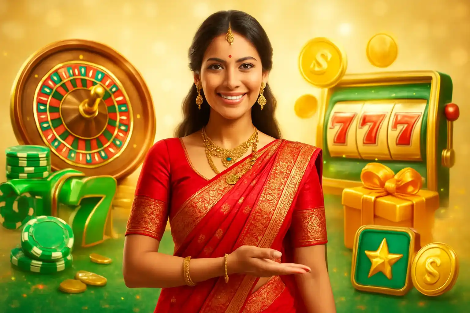 Beautiful Indian woman in red and gold outfit with casino games background