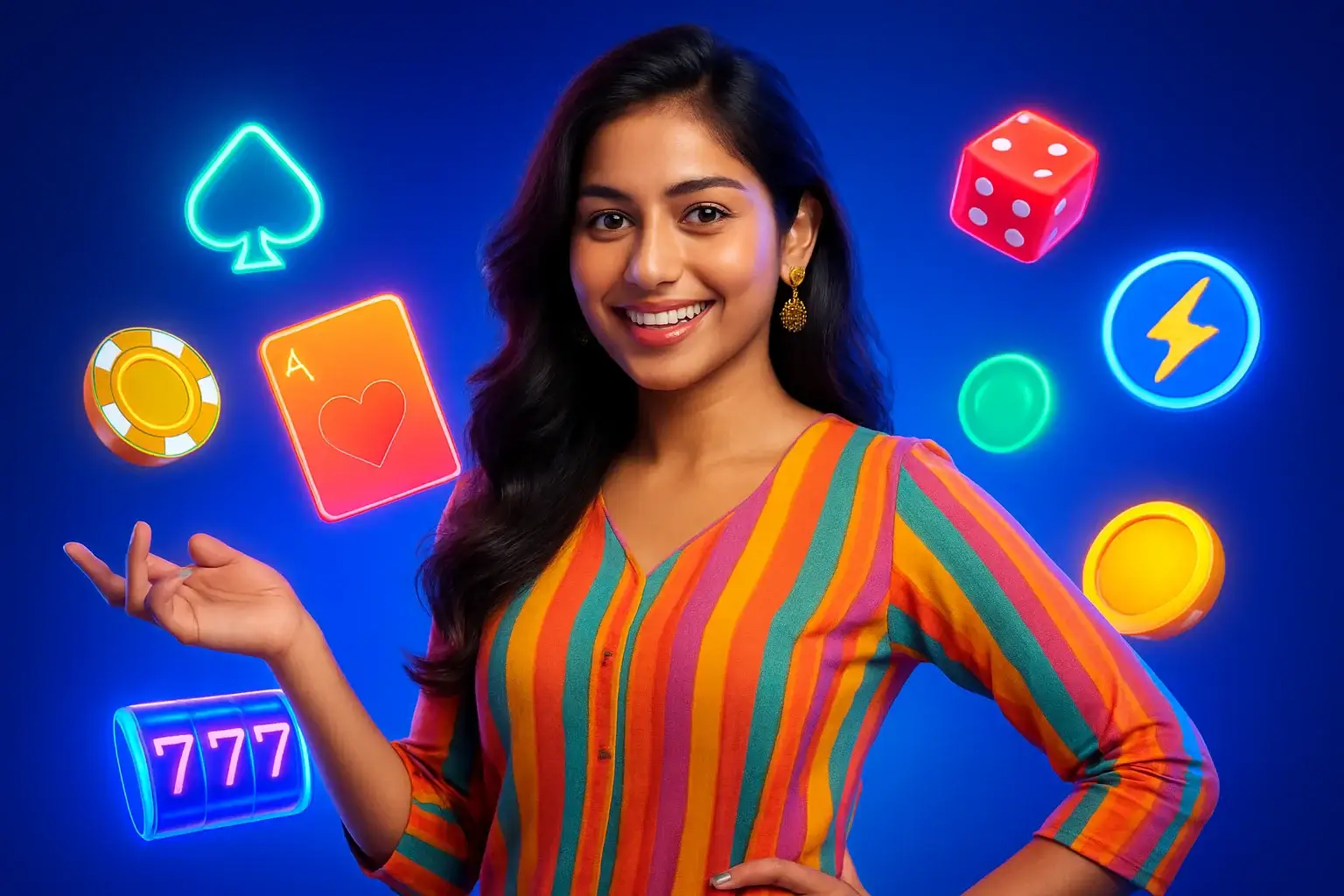 Hyperrealistic banner of Indian woman with colorful instant casino game elements and bright background