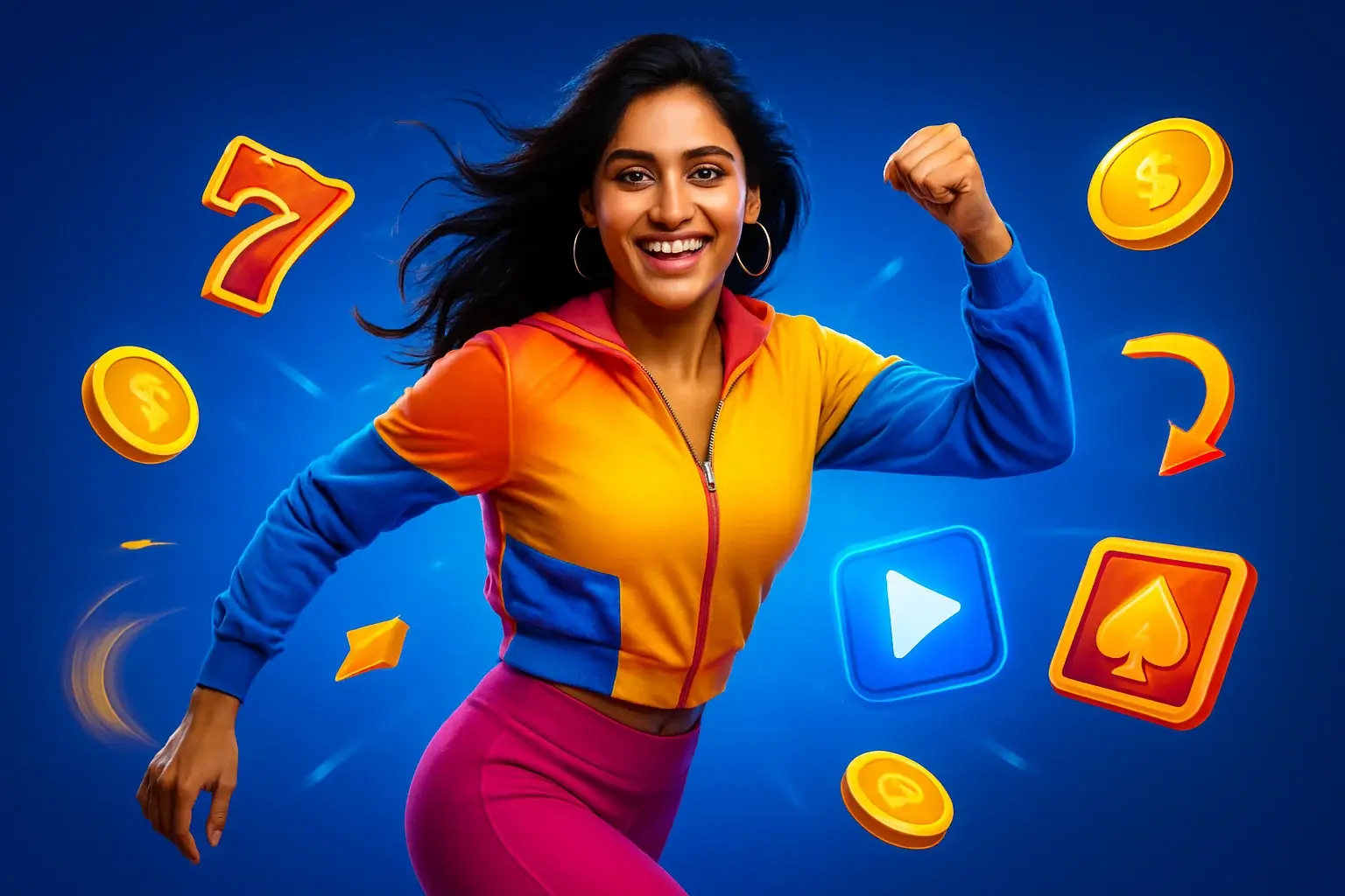 Hyperrealistic banner of Indian woman in sporty outfit with colorful instant game elements and fast-play icons on bright background