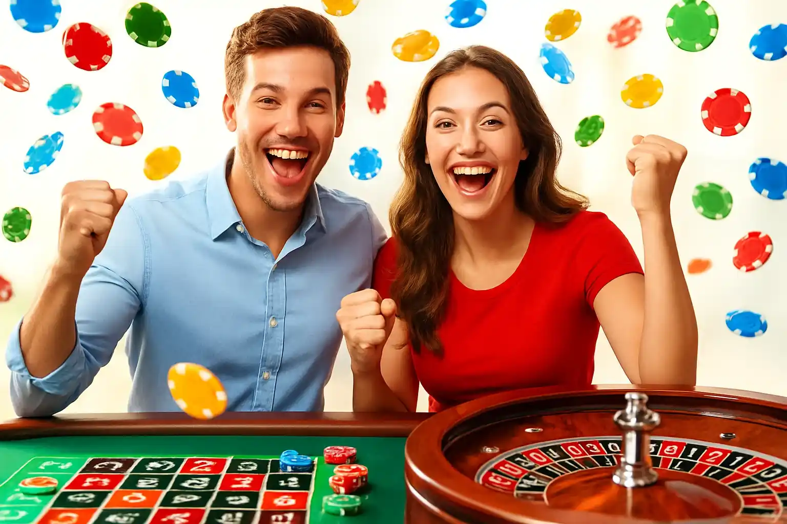 Young man and woman celebrating near roulette table with colorful chips flying