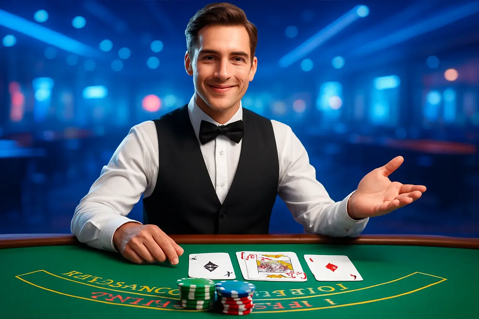 Professional dealer at blackjack table with clear cards and chips in bright casino environment