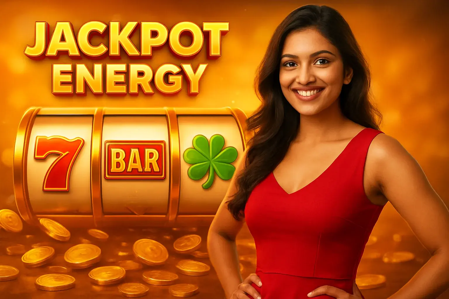 Hyperrealistic slot game banner with Indian woman in red dress, big slot reels, lucky symbols, and gold coins
