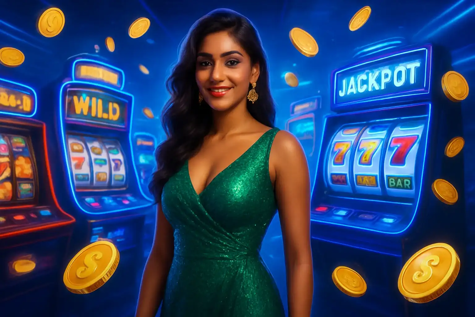Indian woman in green dress with colorful slot machines and flying coins in vibrant casino background