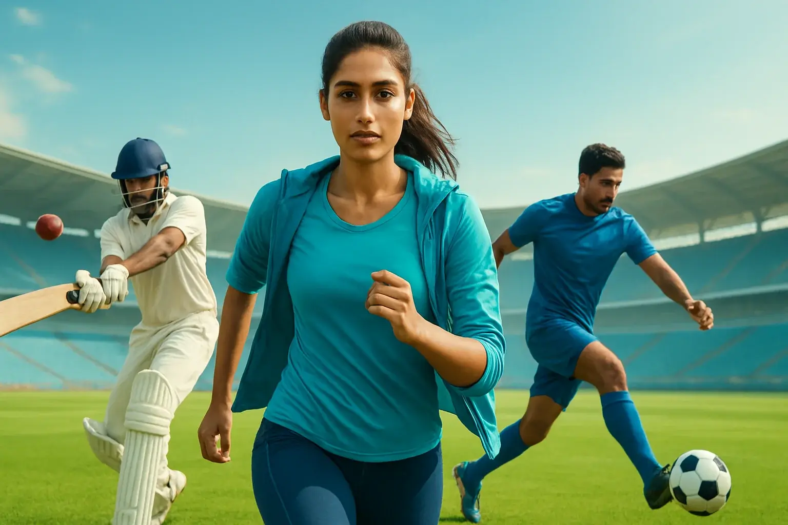 Indian woman in sporty outfit with cricket and football players in bright stadium