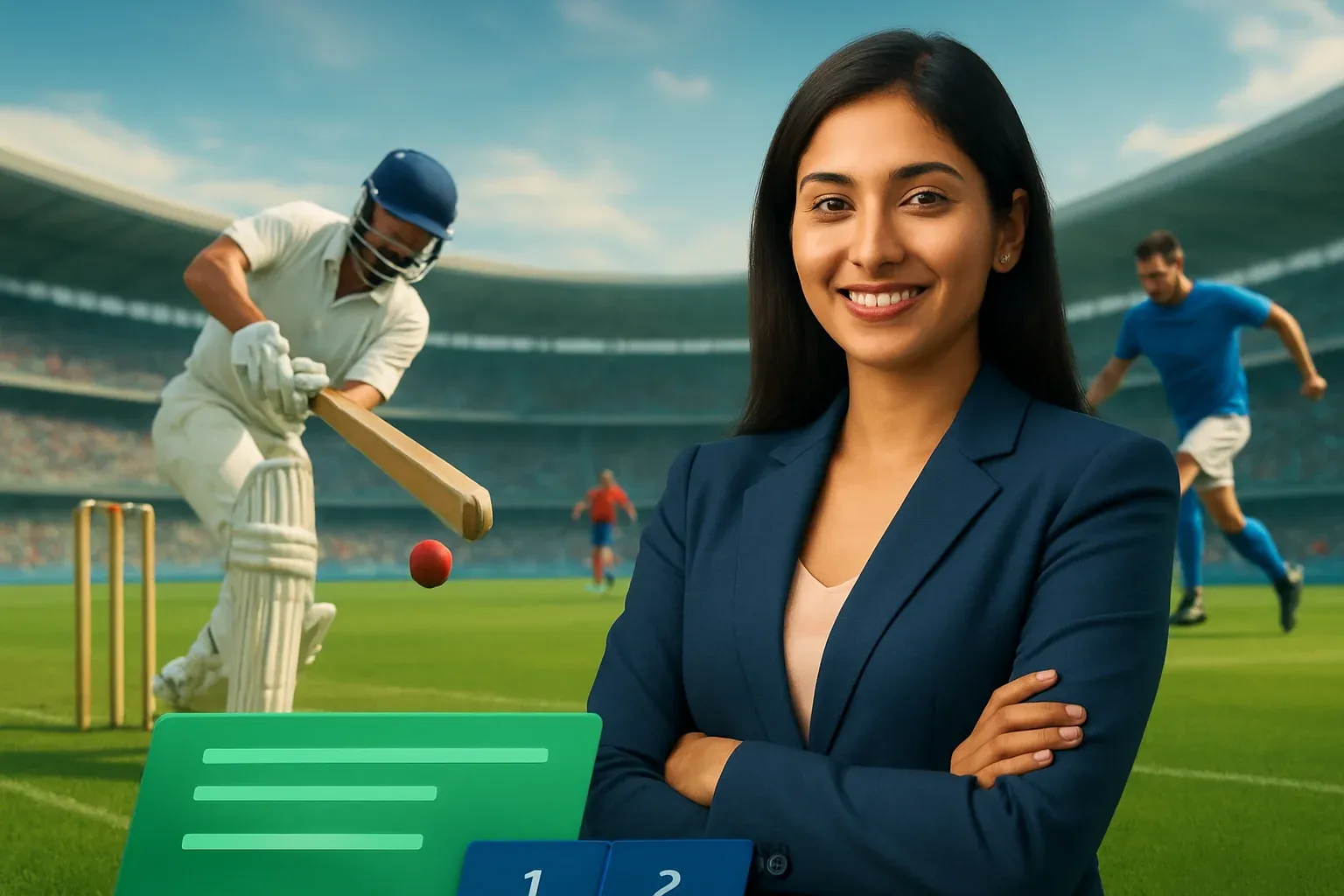 Confident Indian woman in blazer with cricket and football scenes in bright stadium background